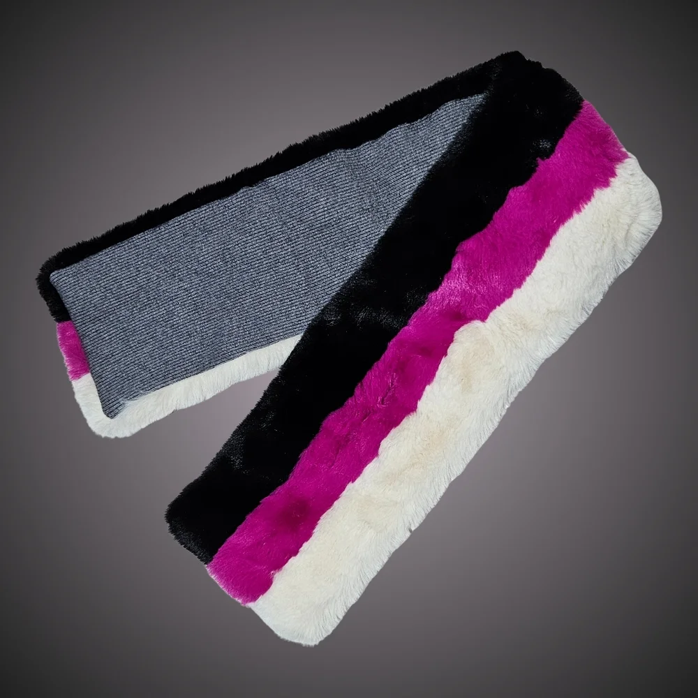 Jocelyn Scarf Black Wool Blend Striped Faux Fur Pull Through Barbiecore Cottage